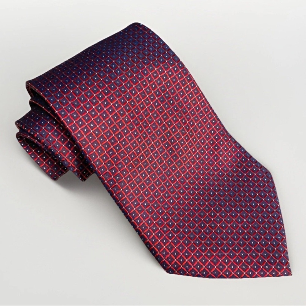Kai Long Handmade Red White & Blue Dot Pattern 100% Silk‎ Designer Tie